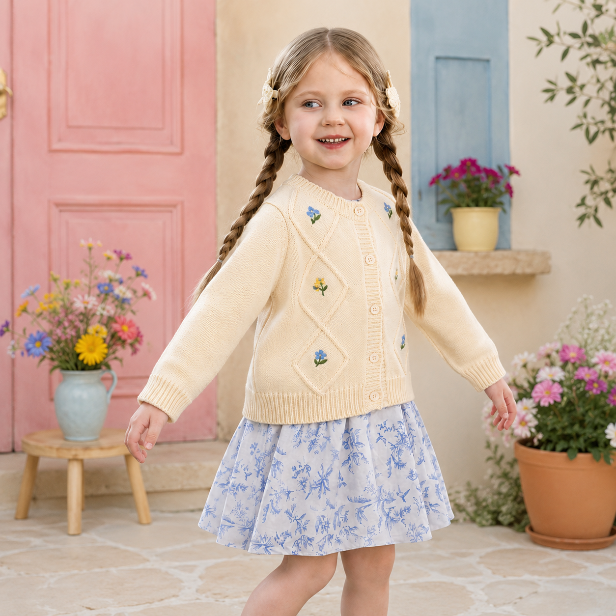 Baumwoll Strickjacke mit Blumenstickerei