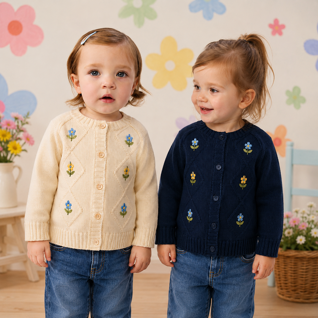 Baumwoll Strickjacke mit Blumenstickerei