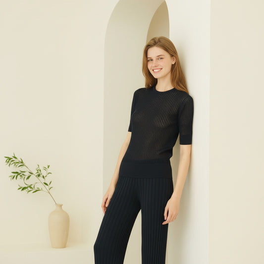 Baumwoll-T-Shirt Nissa mit Micro Pointelle Muster