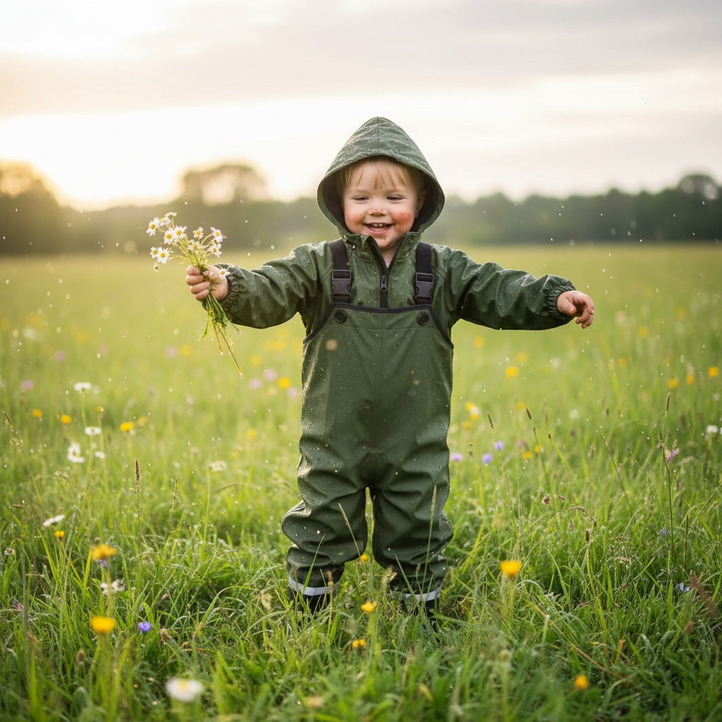 Regenjacke und Regenhose Khaki – mit Merinowolle – Futter