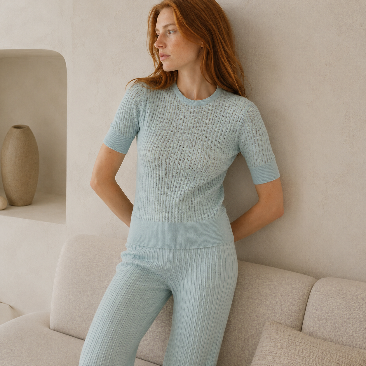 Baumwoll-T-Shirt Nissa mit Micro Pointelle Muster