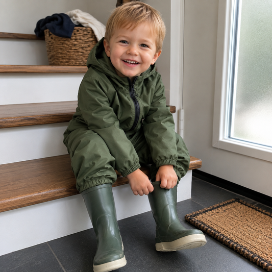 Regenjacke und Regenhose Khaki mit Merinowolle Futter